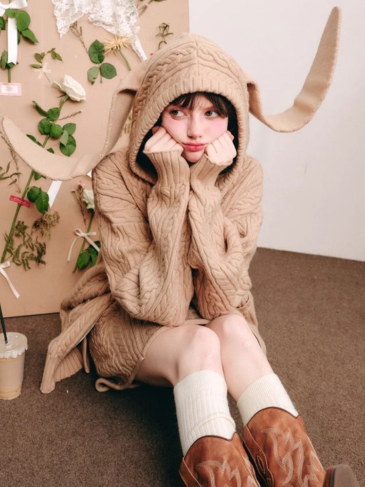 Fluffy Rabbit Ears Hooded Knit Cardigan Set 【s0000004447】