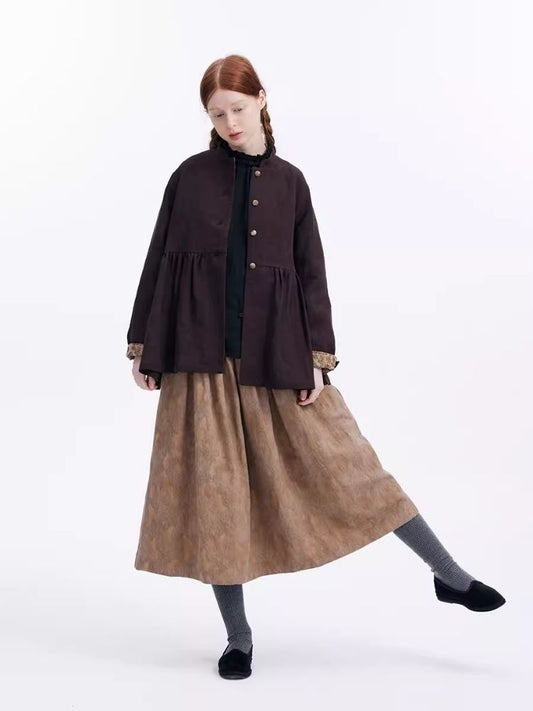 Dark jacquard khaki cotton linen half skirt【s0000007966】