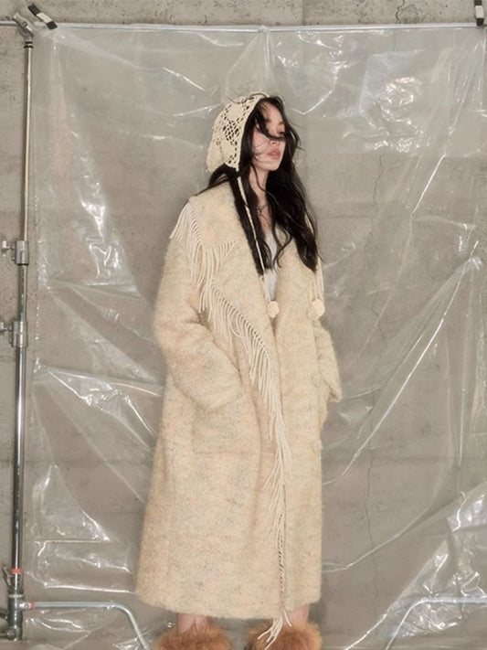 Fringe collar silhouette cashmere tweed coat【s0000004875】