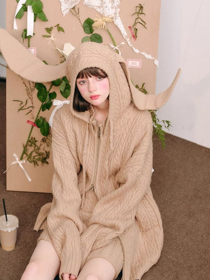 Fluffy Rabbit Ears Hooded Knit Cardigan Set 【s0000004447】