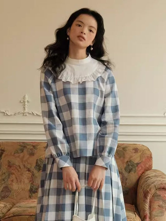 Standing Collar Check Linen Cotton Shirt/Pleated Skirt Set【s0000007483】