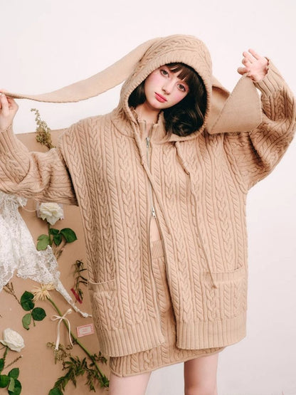 Fluffy Rabbit Ears Hooded Knit Cardigan Set 【s0000004447】