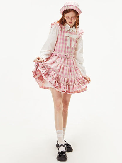 Gingham Check Ruffle Apron Dress &amp; Hat【s0000003541】