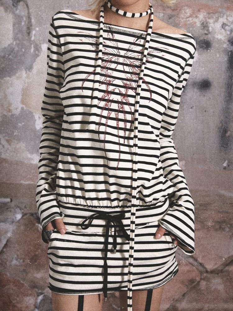 Holder Neck Striped Print Dress【s0000003433】