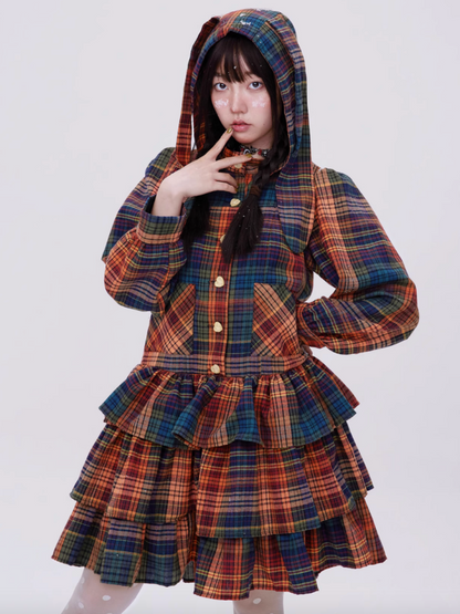 Retro Cute Fluffy Cake Rabbit Ear Plaid Dress【s0000003184】