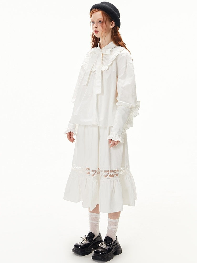 Ruffled Ribbon Shirt &amp; Splicing Lace Skirt【s0000003552】