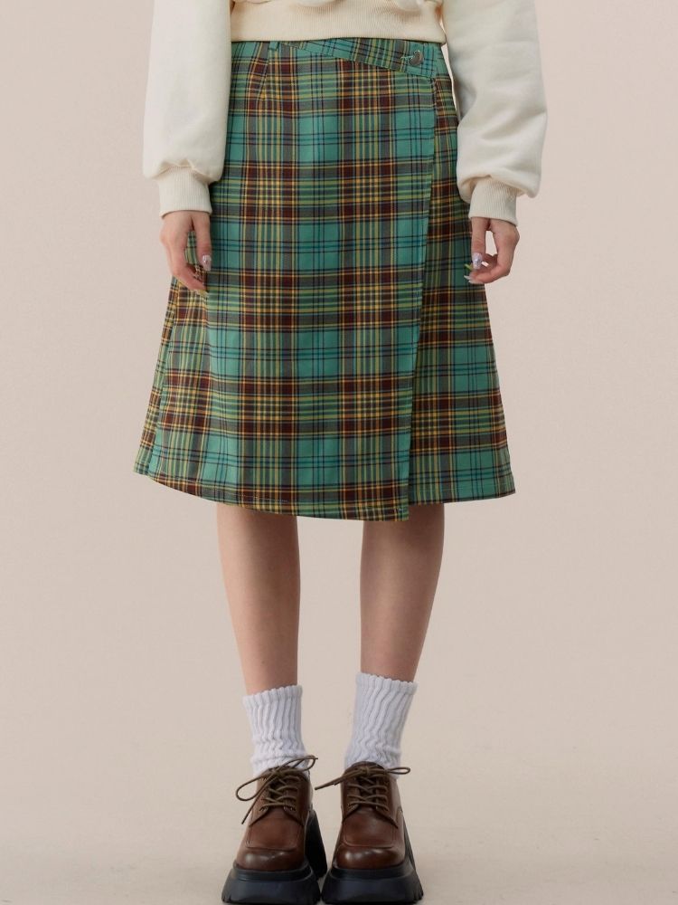 High waist slim green plaid skirt【s0000003118】