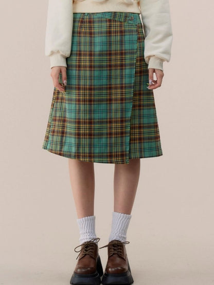 High waist slim green plaid skirt【s0000003118】