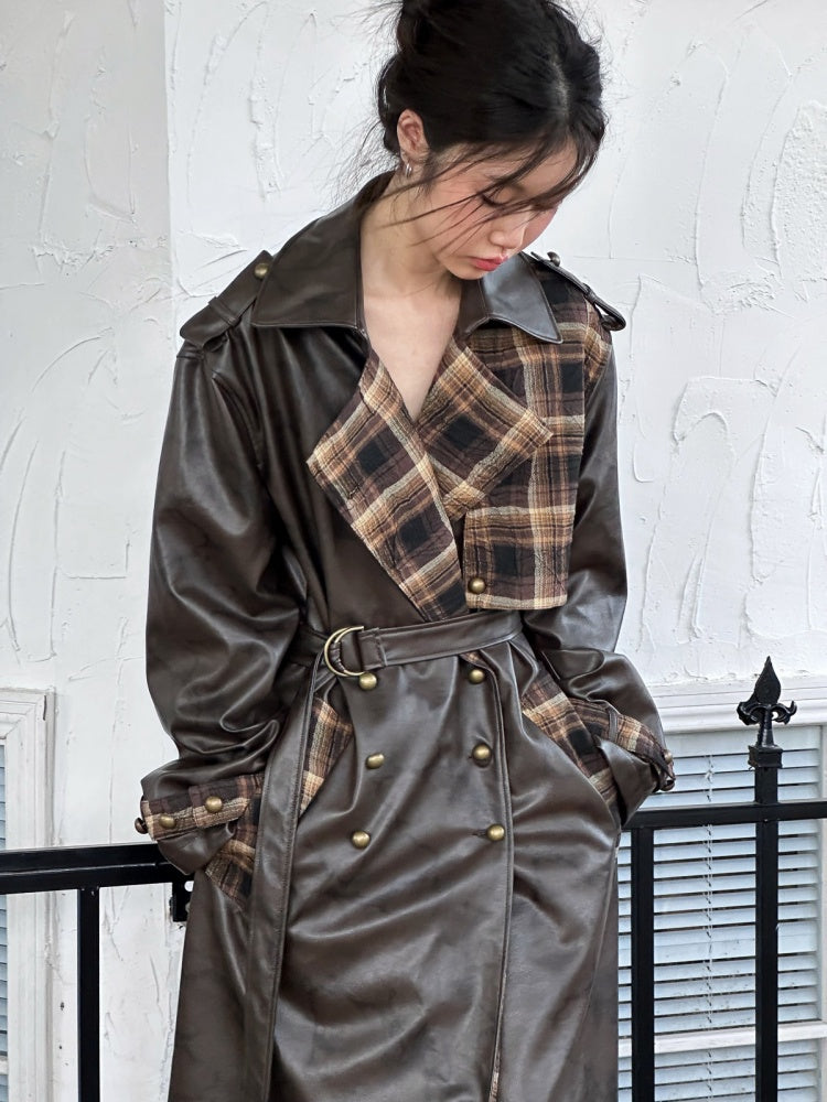 Plaid Splicing PU Leather Double Breasted Long Jacket【s0000004160】