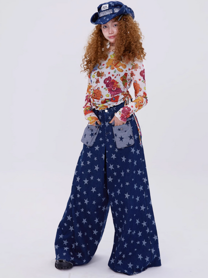 Retro Cute Y2K Star Pattern Wide Leg Loose Mop Jeans Pants [s0000003179]