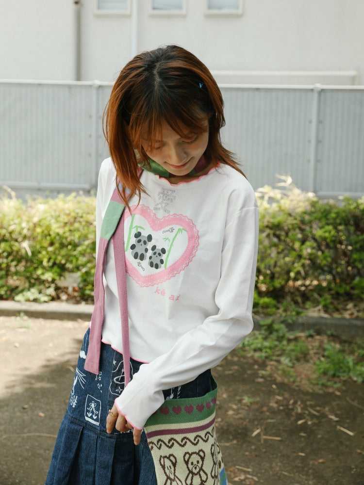 Love Panda Illustration Mellow Hem T-Shirt【s0000003561】