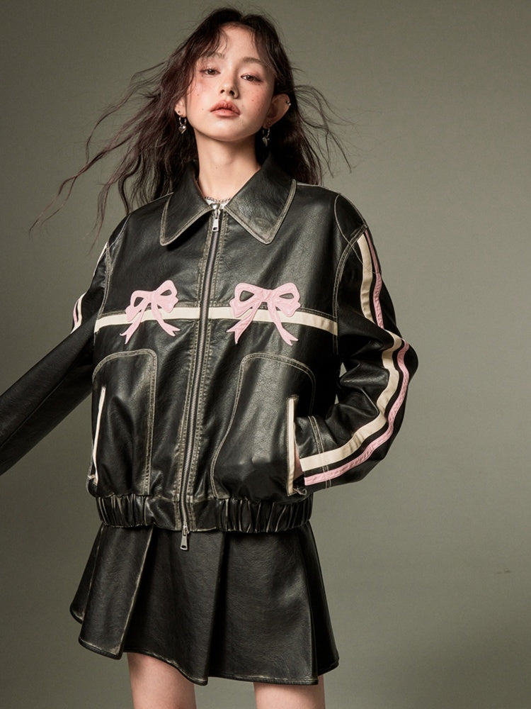 Bowknot Retro Color Painted Leather Jacket【s0000003185