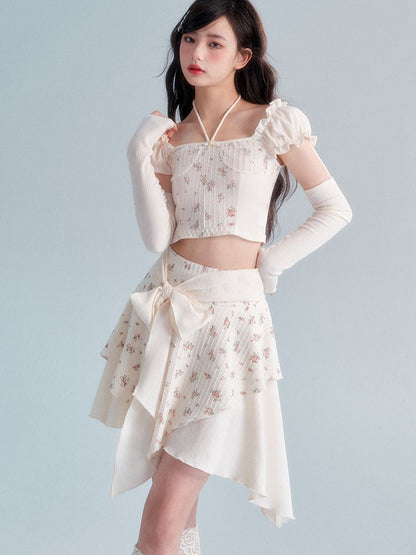 Retro Cream Floral Top / Bow Knot Skirt Set [s0000002006]