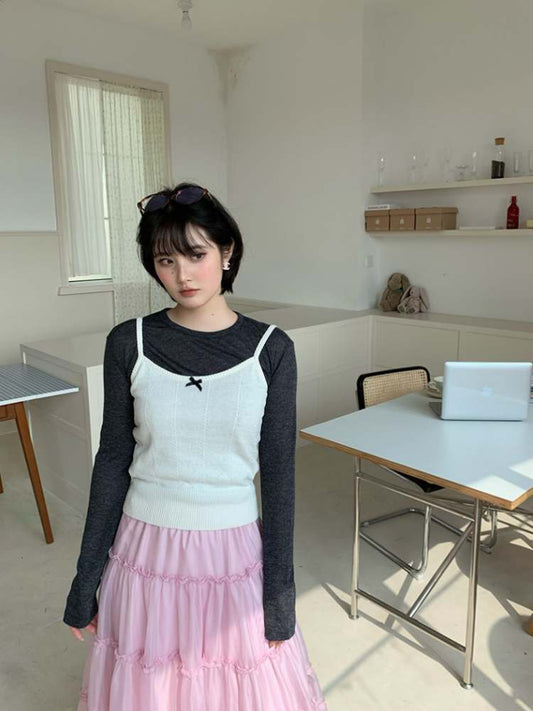 Ribbon Camisole Knit& Long Sleeve Tops【s0000007375】