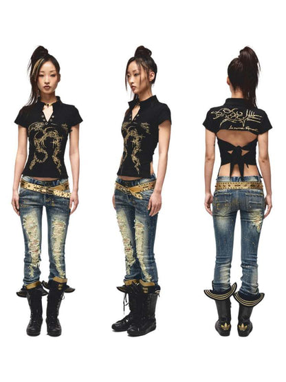 Back Open Gold Print Ribbon T-Shirt [S0000009013]