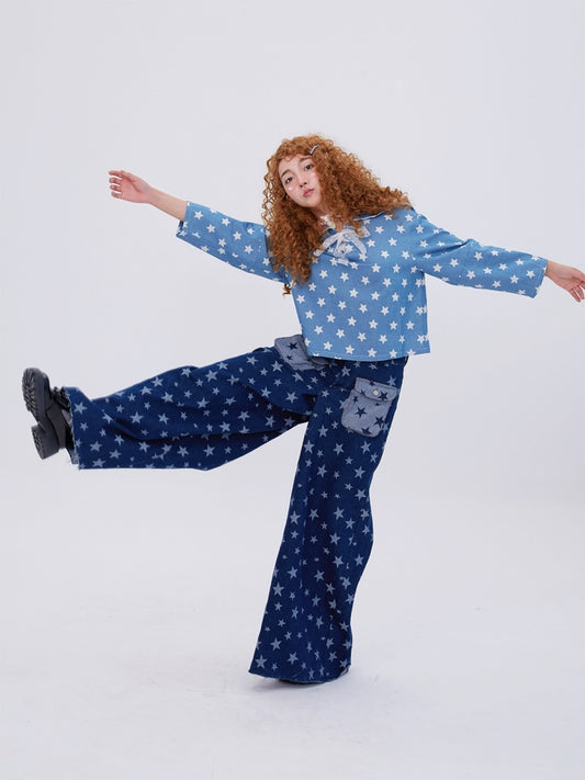 Retro Cute Y2K Star Pattern Wide Leg Loose Mop Jeans Pants【s0000003179】