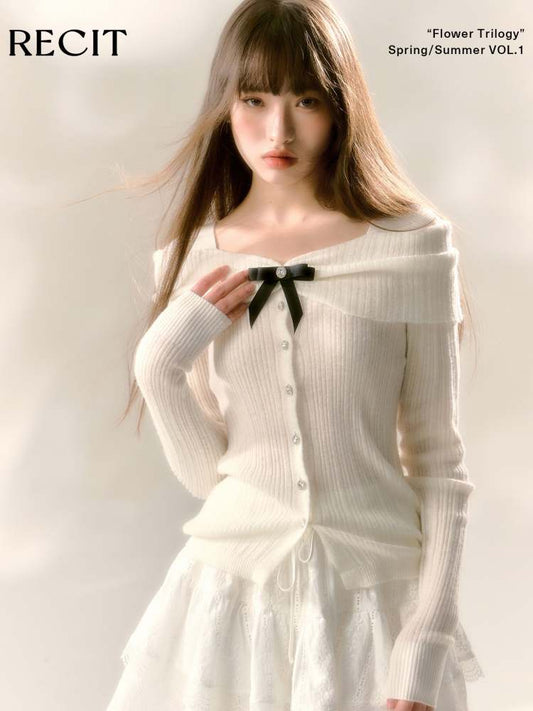 Off Shoulder Style Ribbon Bijou Knit Sew【s0000007366】