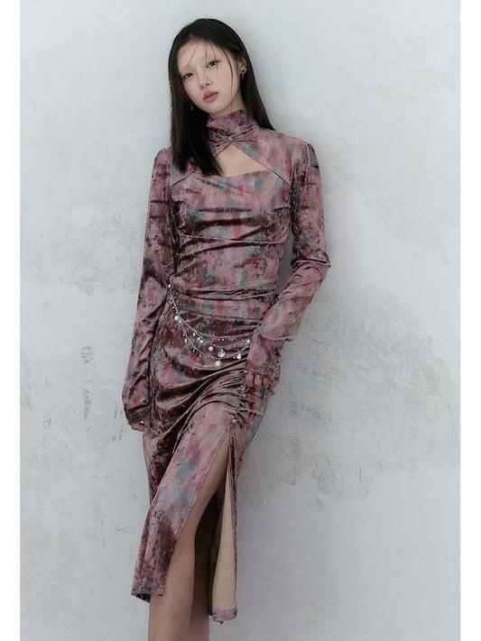 Chinese Style Marble Print Tops & Slit Skirt【s0000007573】