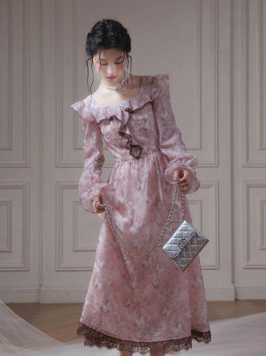 Romanchic Bite Rfly Print Foral Rufe dres [S000007891]