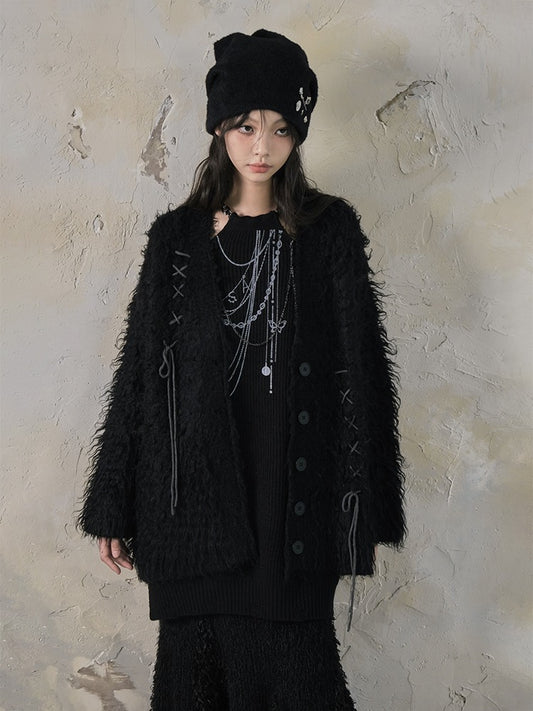 Shaggy Touch Lace Up Loose Knitted Cardigan【s0000004391】