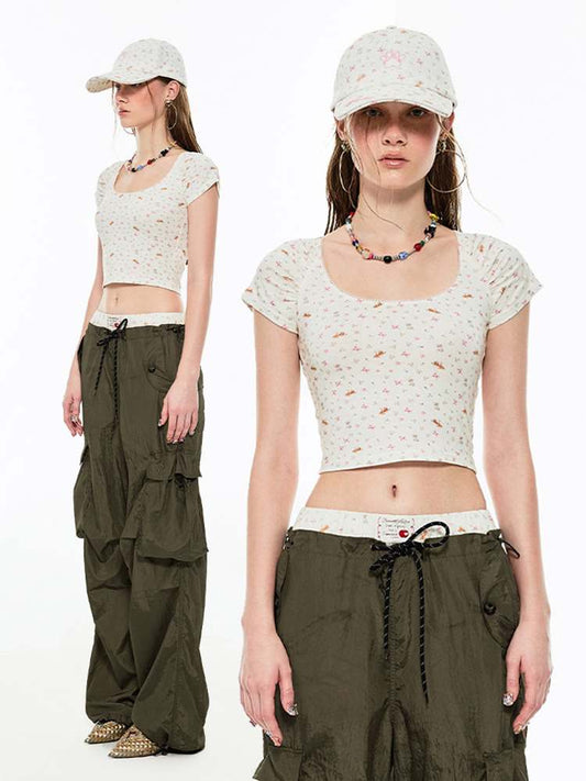 Animama L Fower Print S Kuu Beck C Ropped 티셔츠 [S0000009183]