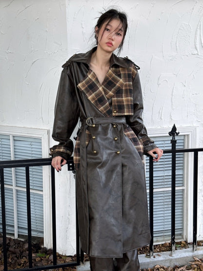 Plaid Splicing PU Leather Double Breasted Long Jacket【s0000004160】