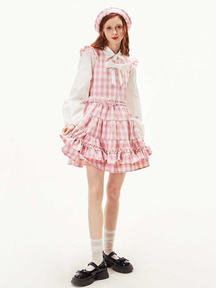 Gingham Check Ruffle Apron Dress &amp; Hat【s0000003541】