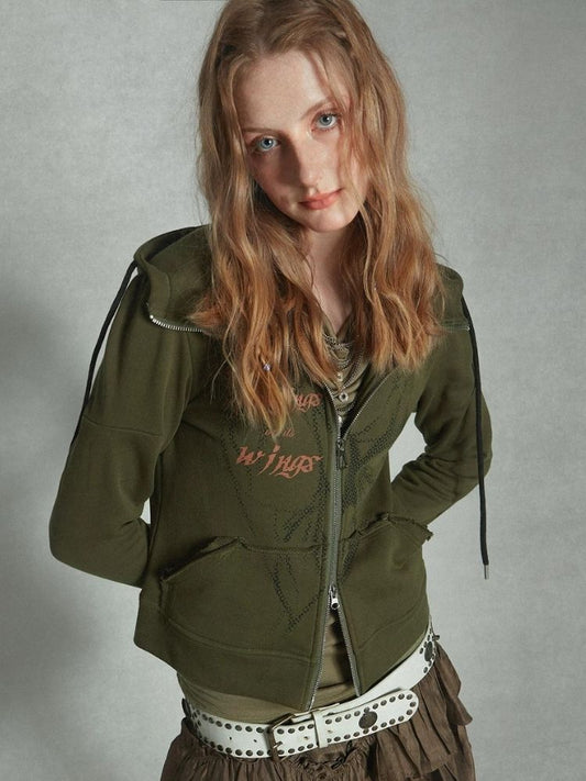 Double Zipper Hoodie Lettering Print Track Jacket [s0000003406]