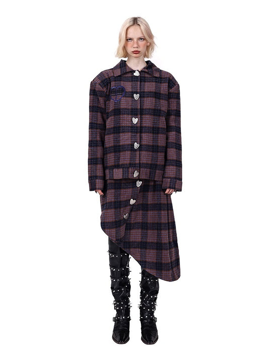 Plaid Metal Heart Jacket & Asymmetric Skirt Setup【s0000004350】