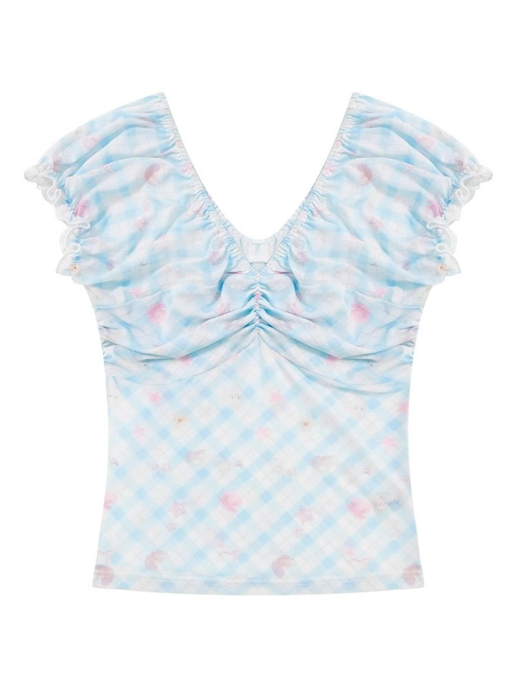 Big Gather V-Neck Plaid Puff Sleeve T-Shirt【s0000013005】