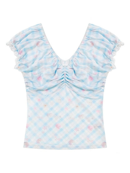 Big Gather V-Neck Plaid Puff Sleeve T-Shirt【s0000013005】