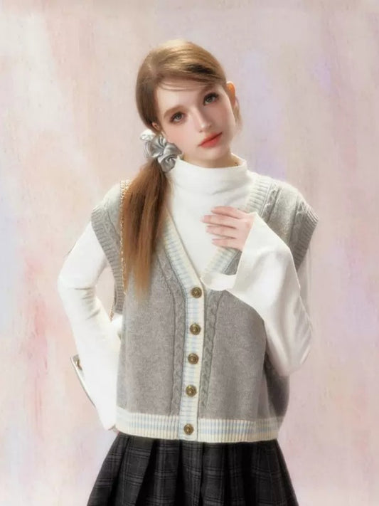 Embroidered V-Neck Knit Jacquard Vest Cardigan [s0000006472]