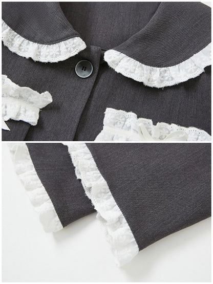 Lace Stitch College Taste Jacket &amp; Puffy Mini Skirt【s0000003853】