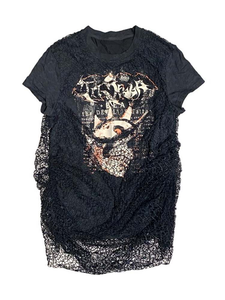 Batik Skull Print Fake Two Piece Mesh Punk Tee【s0000008302】