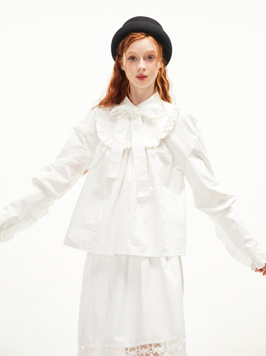 Ruffled Ribbon Shirt &amp; Splicing Lace Skirt【s0000003552】