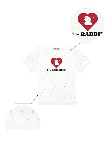 Polka Dot Star Heart Rabbit Print Crew Neck Short Sleeve T-Shirt【s0000013012】