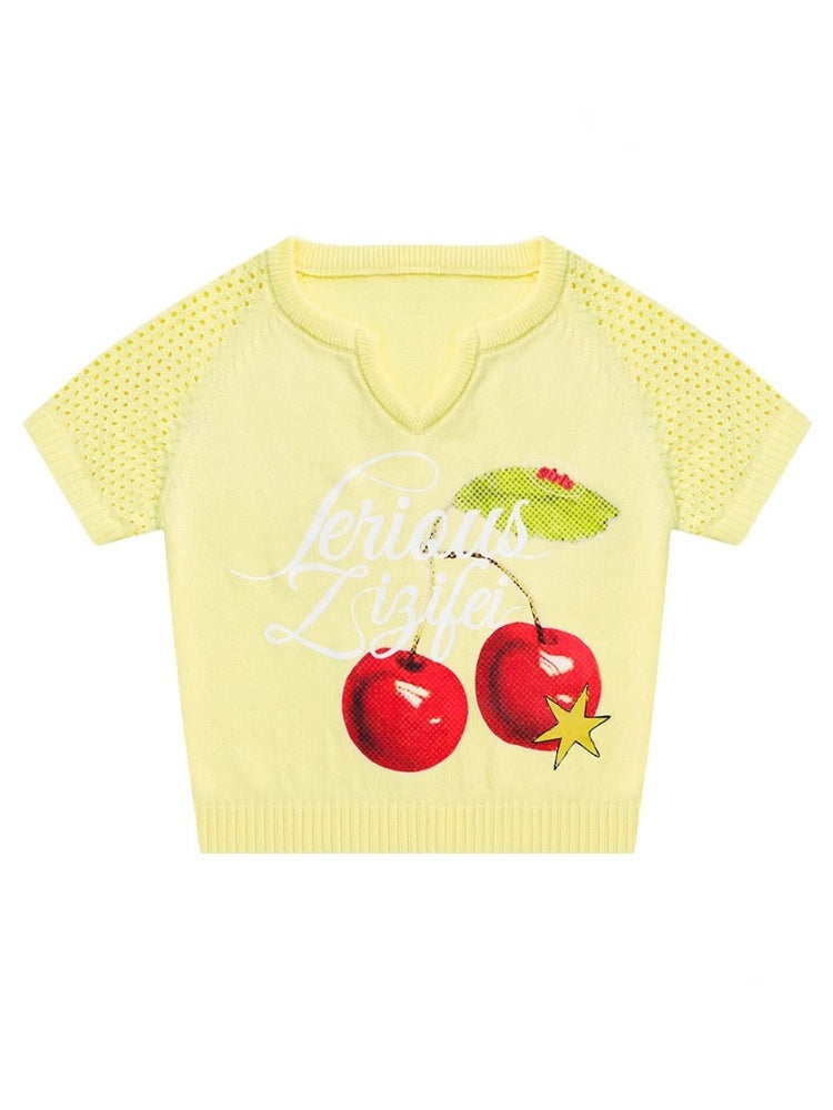 Cut Out Crop Cherry Print V-Neck Short Sleeve T-Shirt【s0000013007】