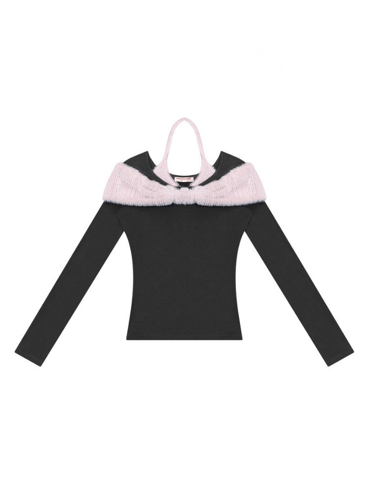 Bow Slim Top Plush Halter-Neck Knitted Base Shirt【s0000015264】