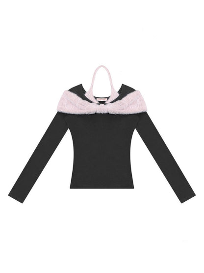 Bow Slim Top Plush Halter-Neck Knitted Base Shirt【s0000015264】