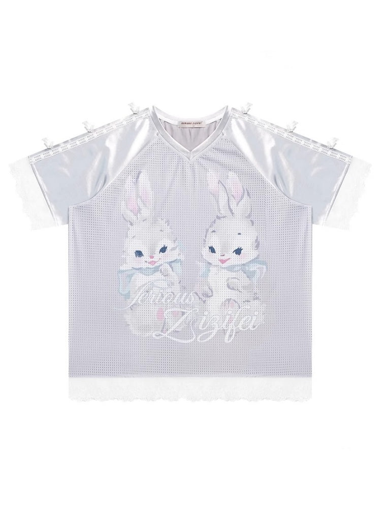 Lace Hem Rabbit Print V-Neck Loose Short Sleeve T-Shirt【s0000013010】