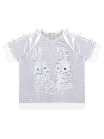 Lace Hem Rabbit Print V-Neck Loose Short Sleeve T-Shirt【s0000013010】