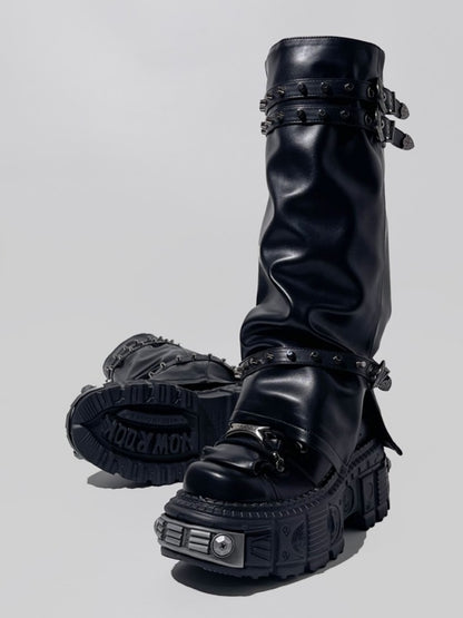 Y2K Retro Punk Style Eyelet Triple Belt Volume Sole Long Tube Boots【s0000005191】