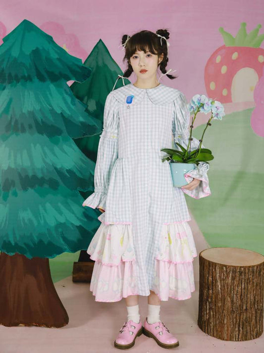 Angel Print Plaid Splicing Ruffles Tiered Dress【s0000007760】