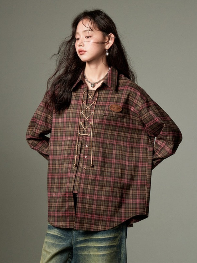 Casual Lace-Up Strap Retro Plaid Loose Shirt【s0000003198】