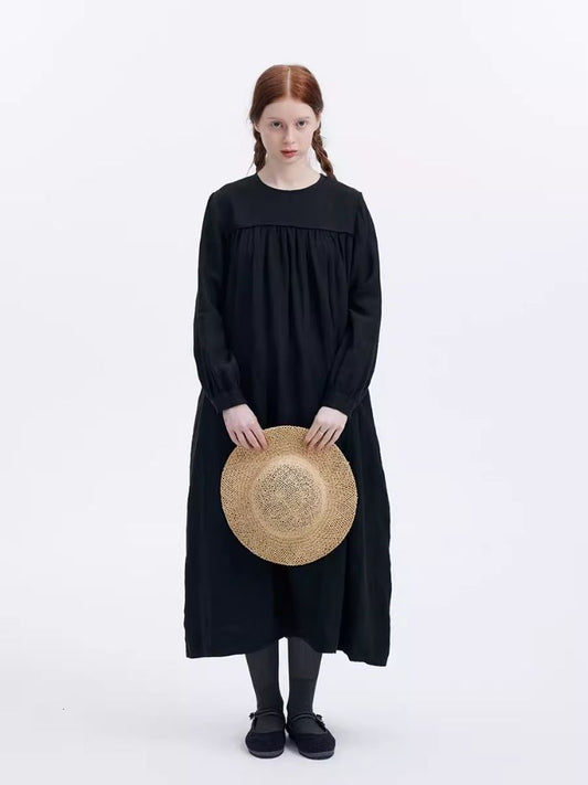 Linen Navy Neck Loose Doll-Style Dress【s0000007970】