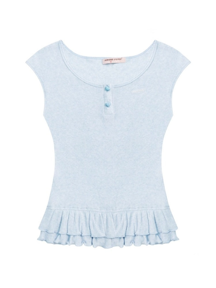 Ruffle Hem Henley Neck French Sleeve T-Shirt 【s0000013006】