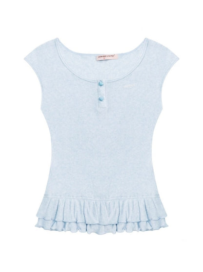 Ruffle Hem Henley Neck French Sleeve T-Shirt 【s0000013006】