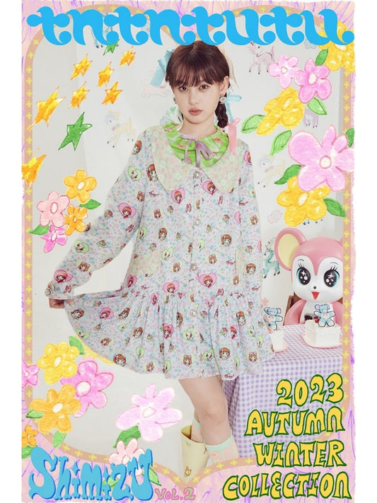 Shimizu Illustration Cute Girl Print Pleated Skirt Dress【s0000003651】