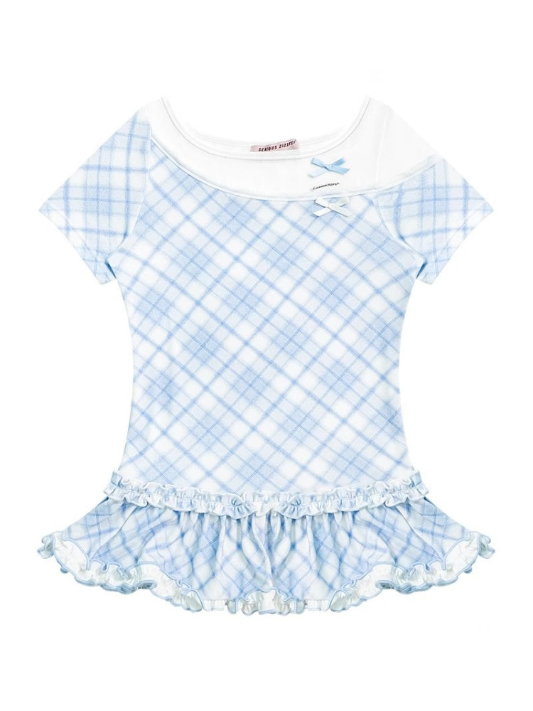 Ruffle Hem Faux Two Piece Bow Plaid Crew Neck Short Sleeve T-Shirt【s0000013004】
