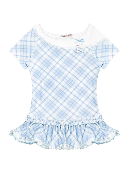 Ruffle Hem Faux Two Piece Bow Plaid Crew Neck Short Sleeve T-Shirt【s0000013004】